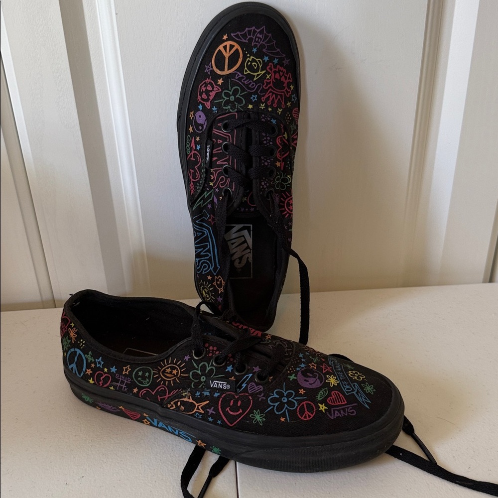 Vans Black Canvas Sneakers with Neon Grafitti Print (sz Wm’s 7 or Men’s 5.5)